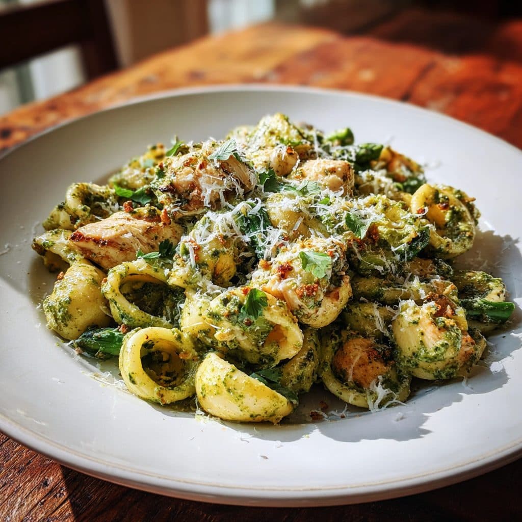 Creamy Pesto Chicken Pasta with Spring Vegetables
