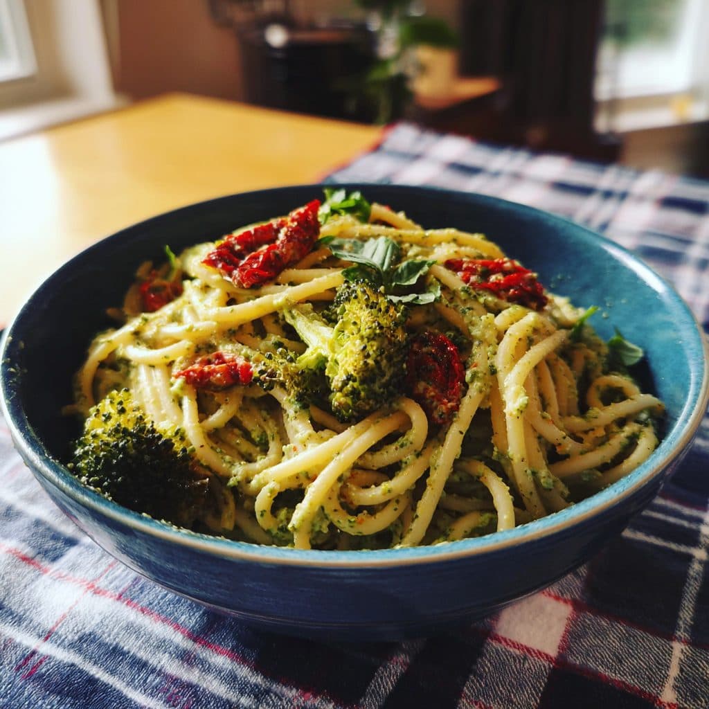 Creamy Pesto Pasta with Roasted Broccoli and Sun-Dried Tomatoes