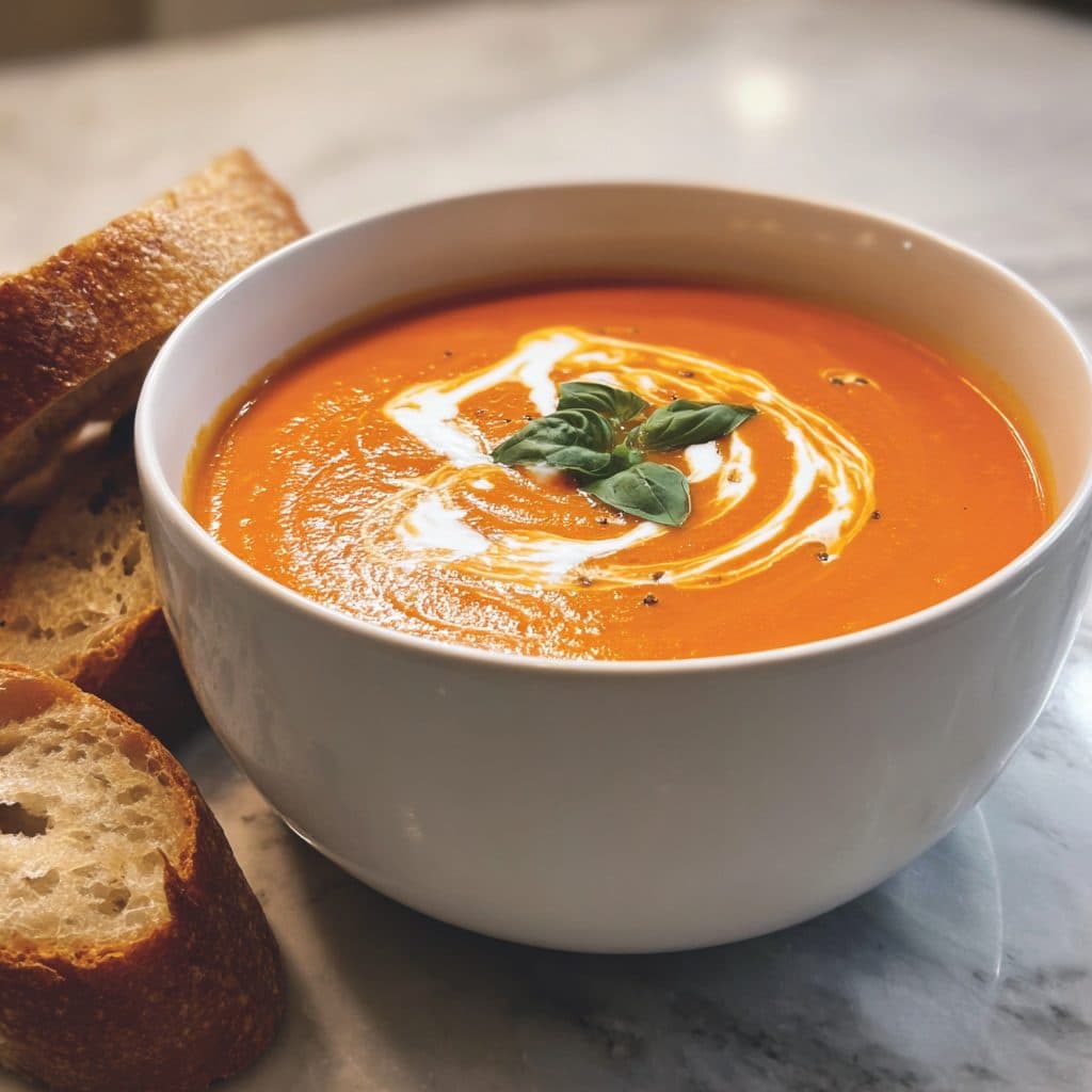 A bowl of vibrant orange Creamy Roasted Red Pepper and Tomato Soup, drizzled with cream and garnished with basil, next to crusty bread