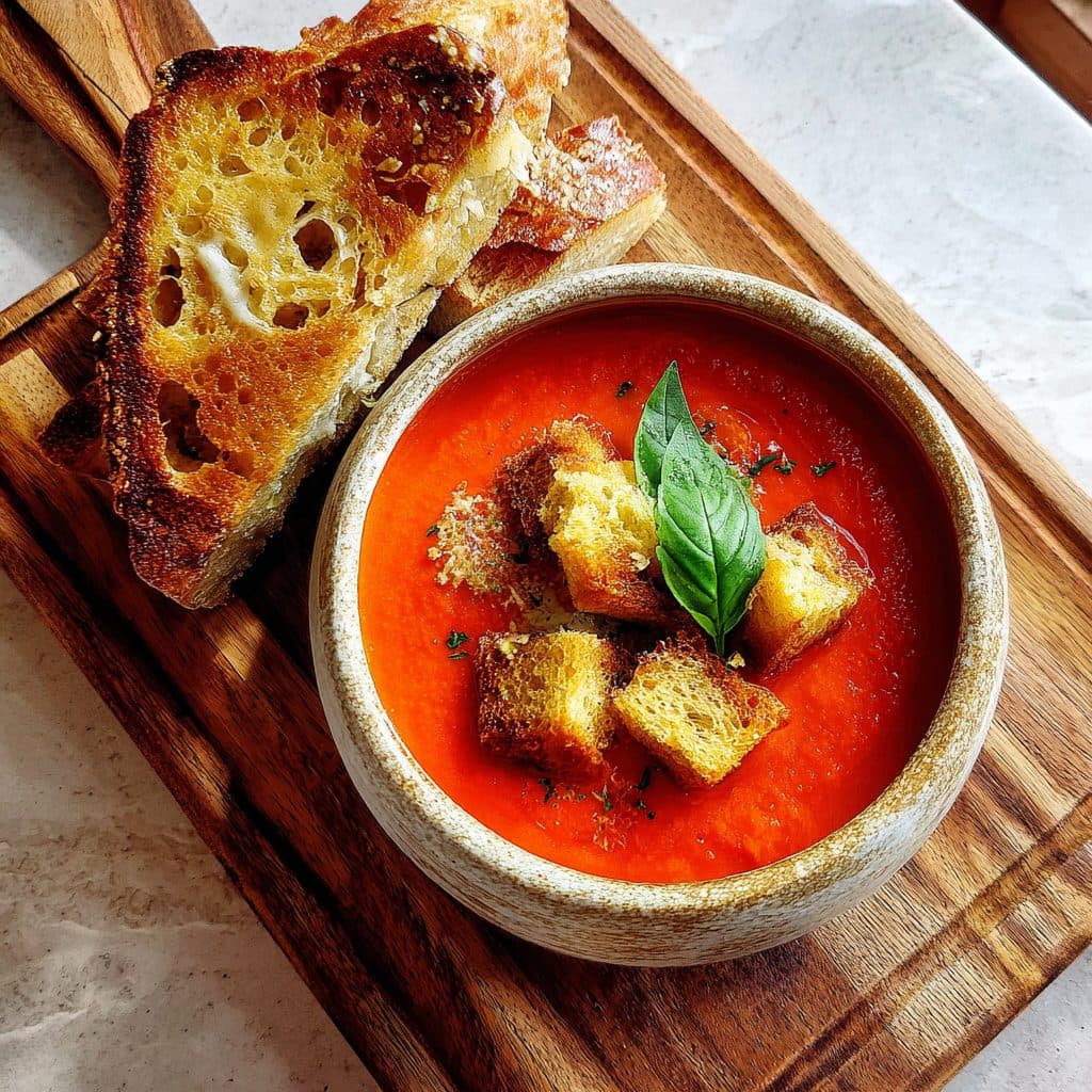 Creamy Roasted Tomato Soup with Garlic Croutons