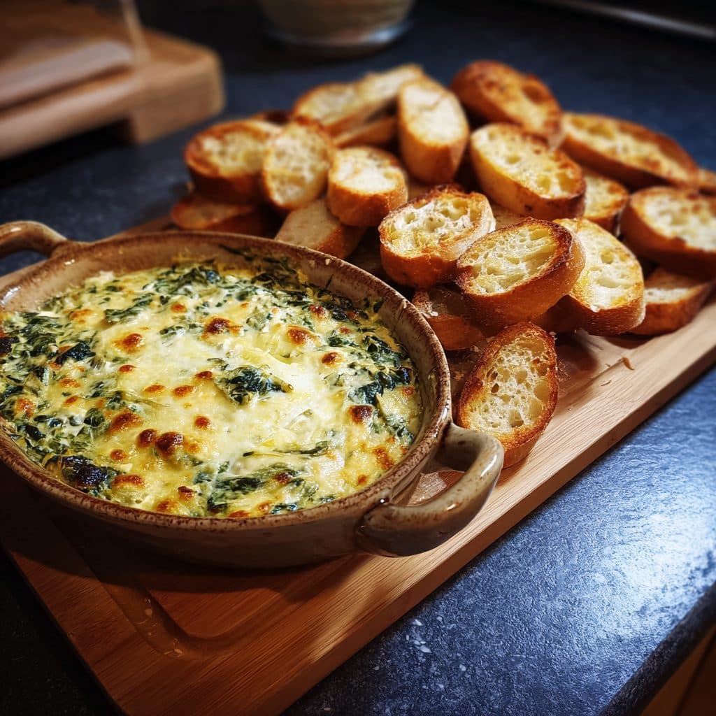Creamy Spinach and Artichoke Dip with Toasted Baguette Slices