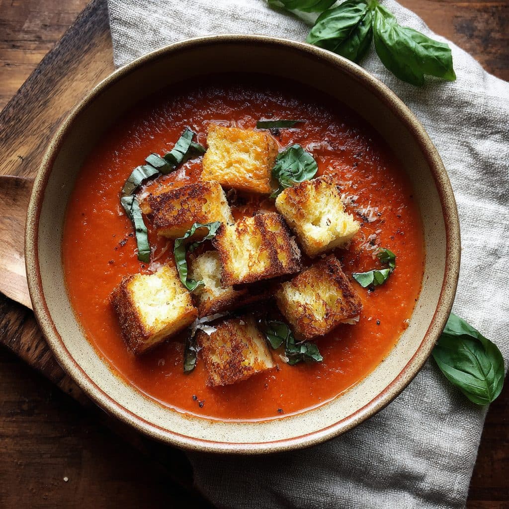 Creamy Tomato Basil Soup with Grilled Cheese Croutons