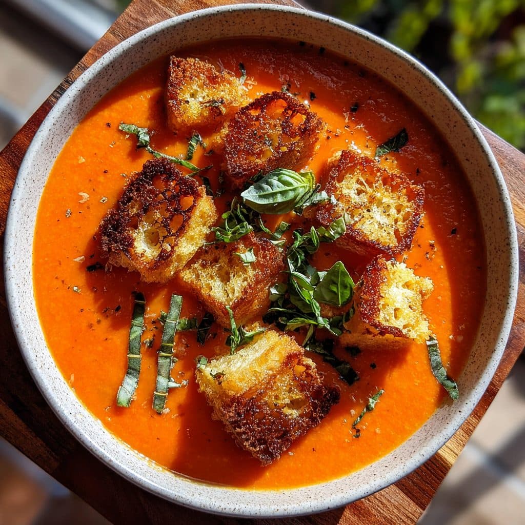 Creamy Tomato Soup with Crispy Grilled Cheese Croutons