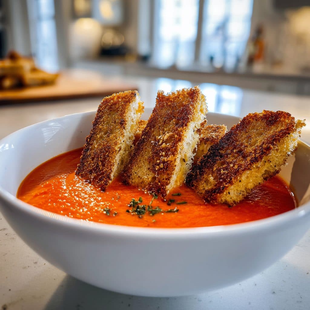 Creamy Tomato Soup with Crispy Grilled Cheese Dippers