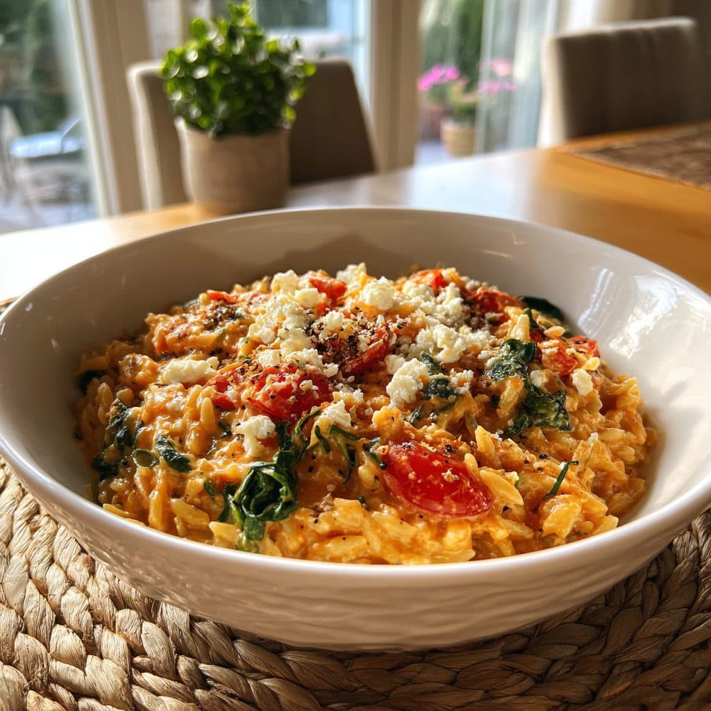 Creamy Tomato & Spinach Orzo with Baked Feta