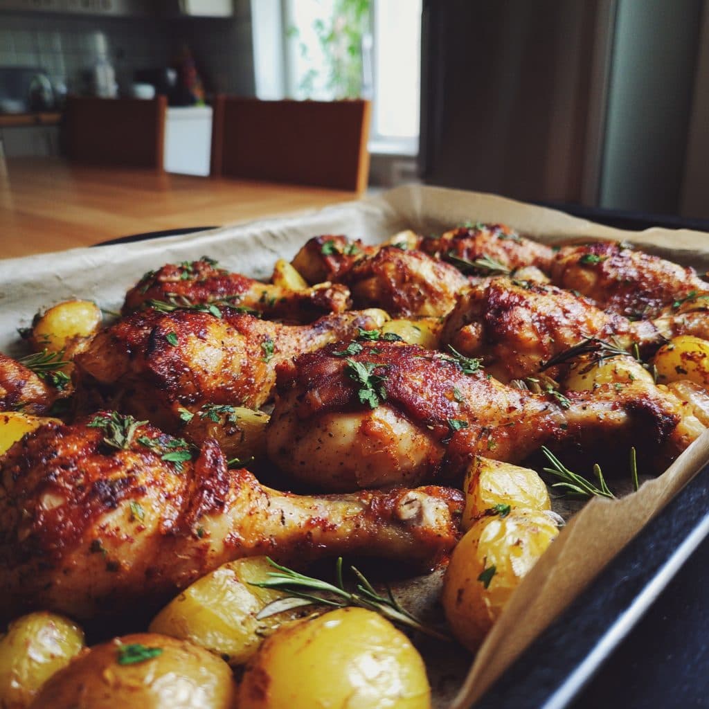 Crispy Baked Chicken Drumsticks with Roasted Potatoes and Herbs