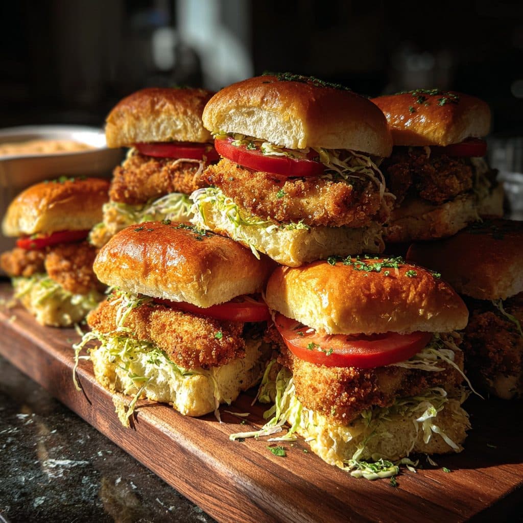 A platter of crispy baked chicken sliders with chipotle mayo and slaw on brioche buns