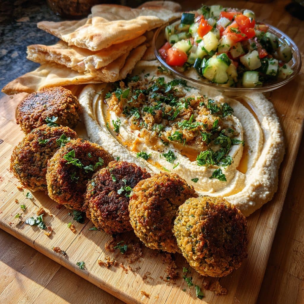 A plate of baked falafel with hummus, salad, and pita bread