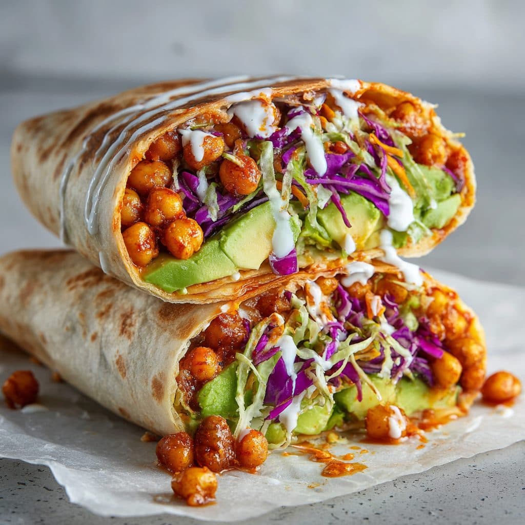 A buffalo chickpea wrap cut in half, showing the crispy chickpeas, slaw, and avocado inside