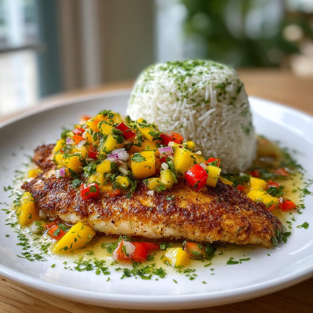 Crispy Pan-Seared Tilapia with Mango Salsa and Cilantro Lime Rice