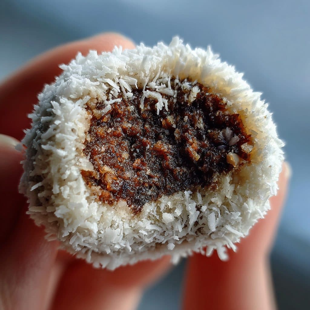 Small brown balls covered in white coconut on a plate.