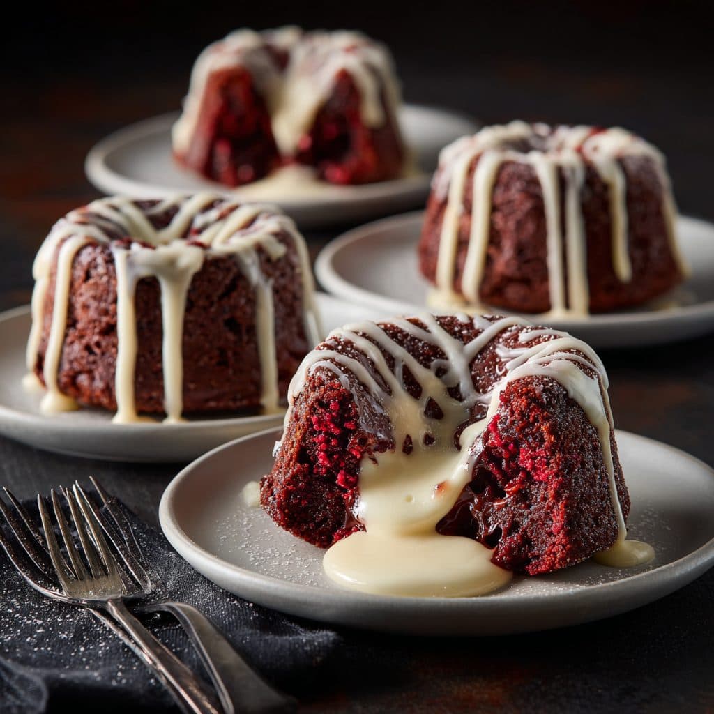 Decadent Red Velvet Lava Cakes with Cream Cheese Drizzle