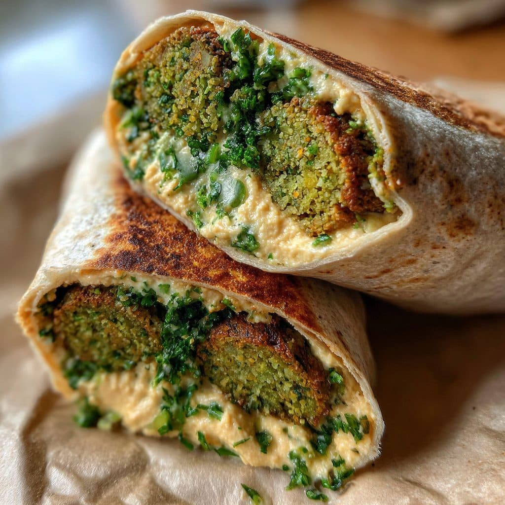 A pita wrap filled with falafel and salad, cut in half.