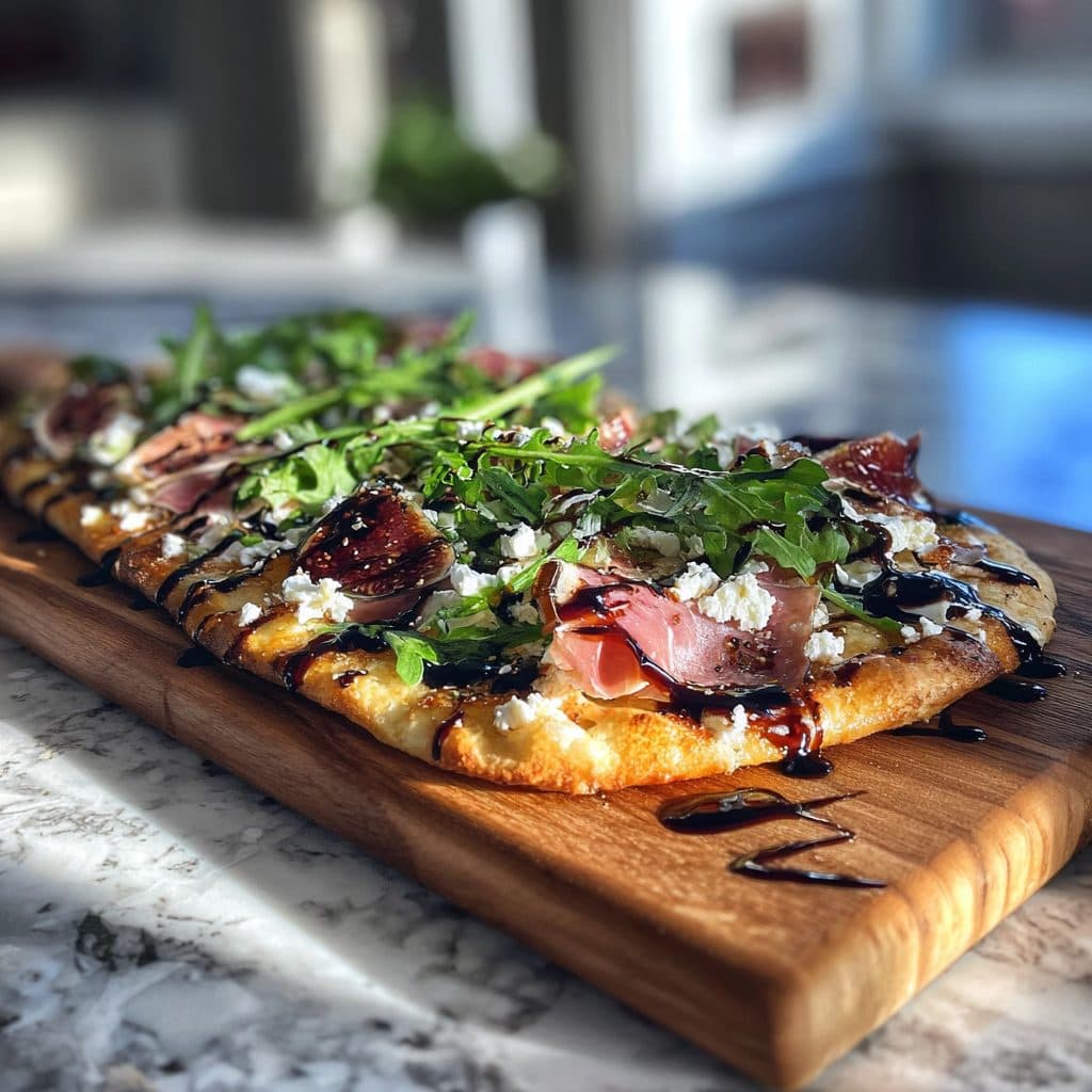 A flatbread topped with fig jam, goat cheese, prosciutto, and arugula