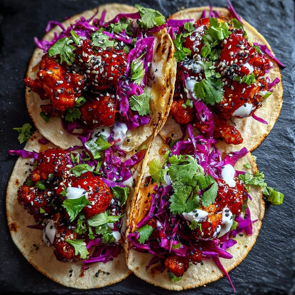 Vibrant tacos with glazed red cauliflower and purple slaw