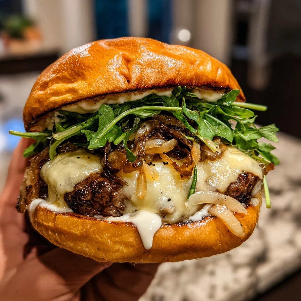 A gourmet mushroom burger with melted cheese, truffle aioli, and caramelized onions on a brioche bun, held in hands