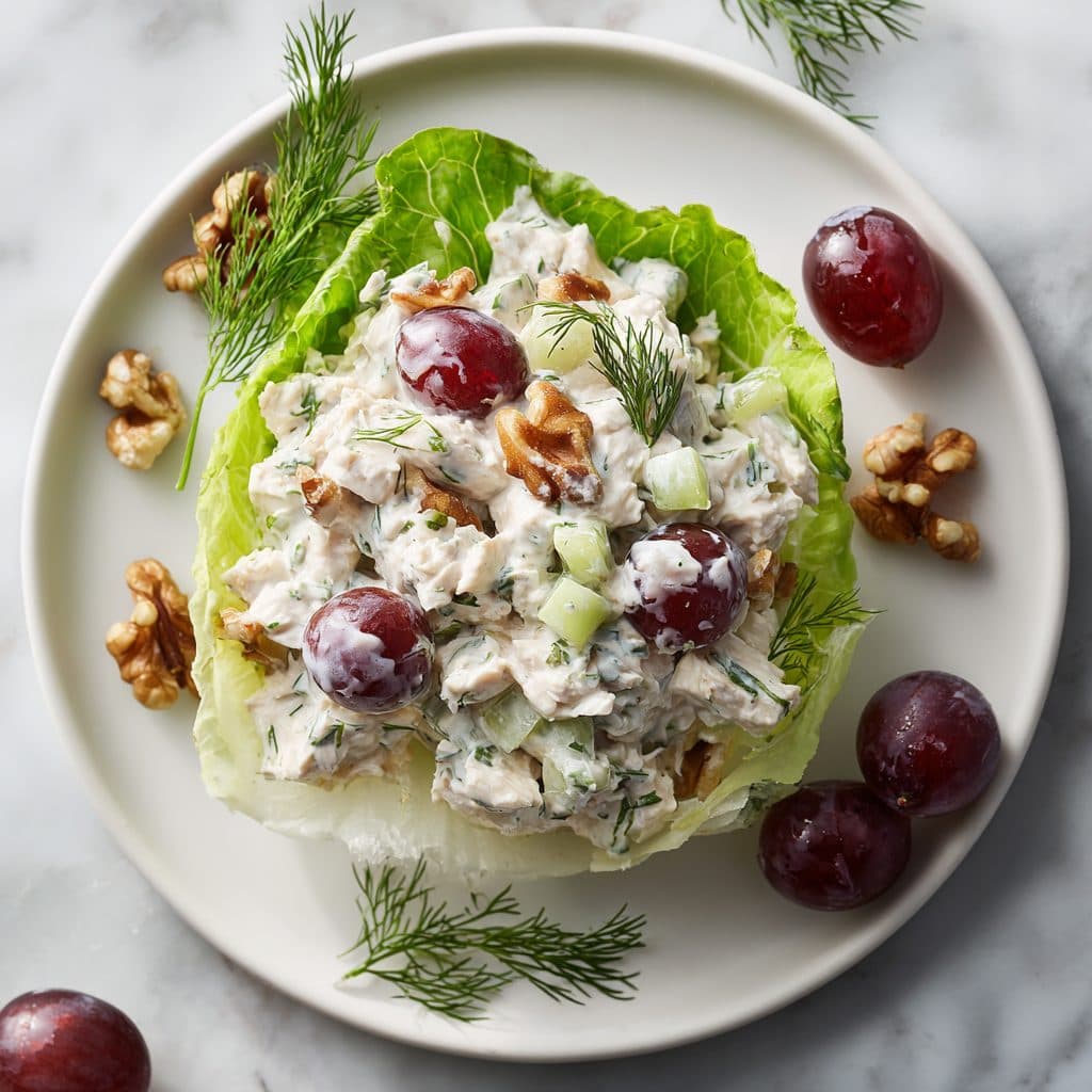 A bowl of chicken salad with grapes and celery