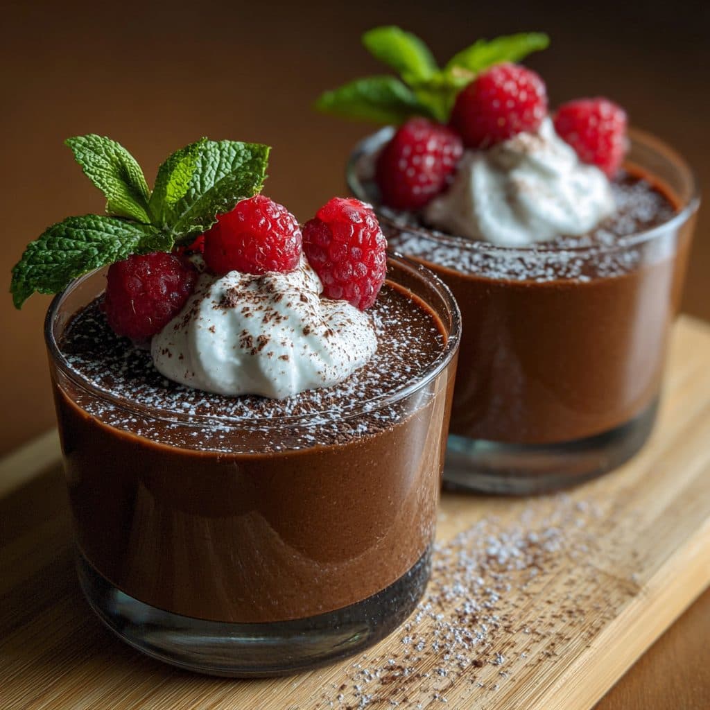 A glass of chocolate mousse with berries and mint