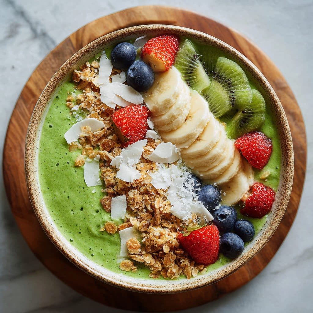 Green Smoothie Bowl with Tropical Fruits and Spinach