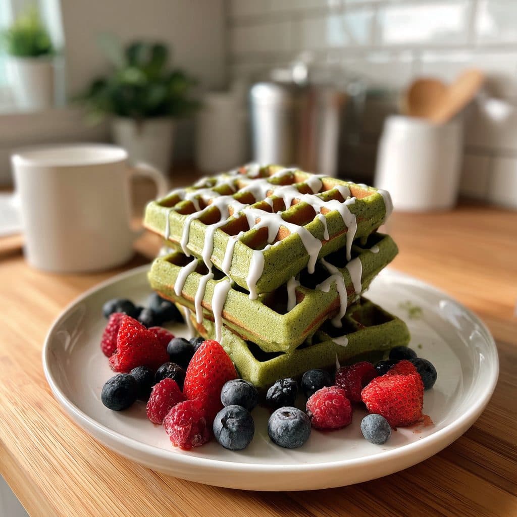 Green Velvet Waffles with Cream Cheese Glaze
