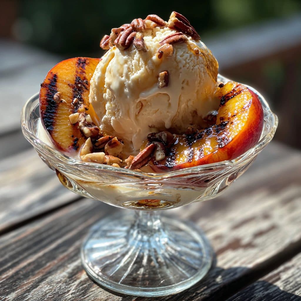 A bowl of vanilla ice cream with grilled peaches and honey
