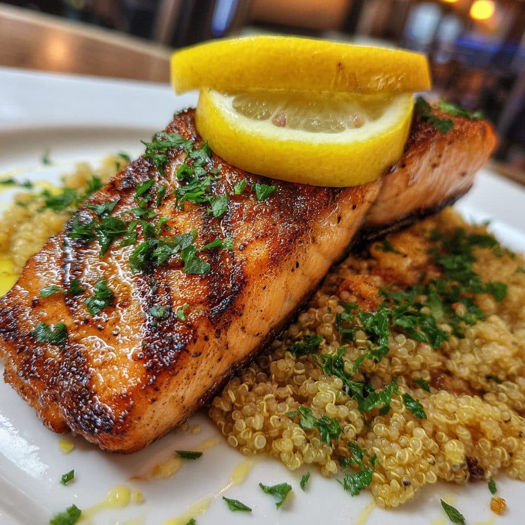 Grilled salmon on a bed of quinoa with lemon slices.