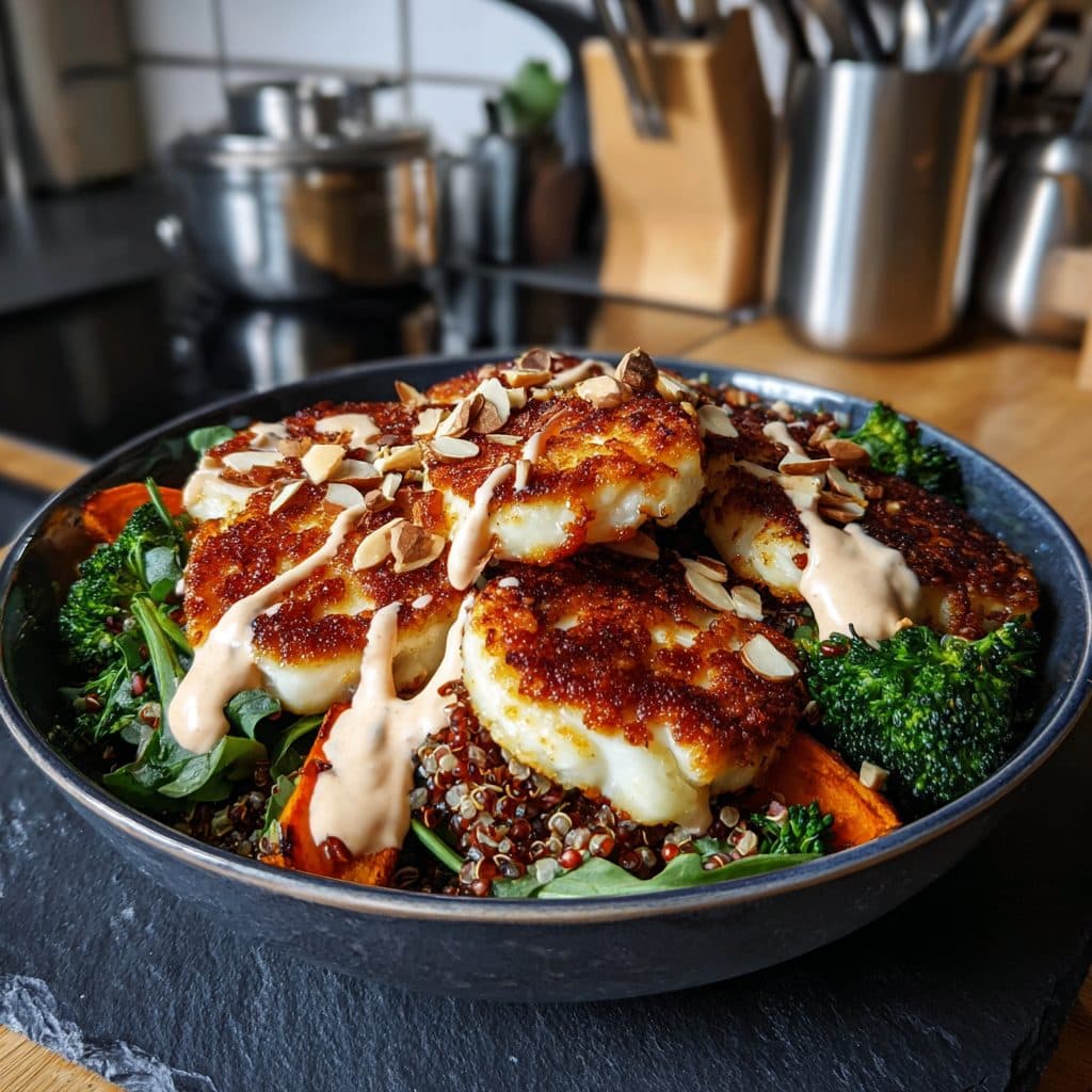 A colorful bowl with crispy halloumi, sweet potato, broccoli, quinoa, and red sauce