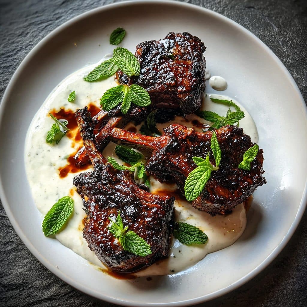 Harissa and honey glazed lamb chops on a bed of minted yogurt sauce