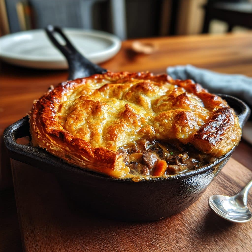Hearty Beef and Mushroom Pot Pie with Puff Pastry Topping
