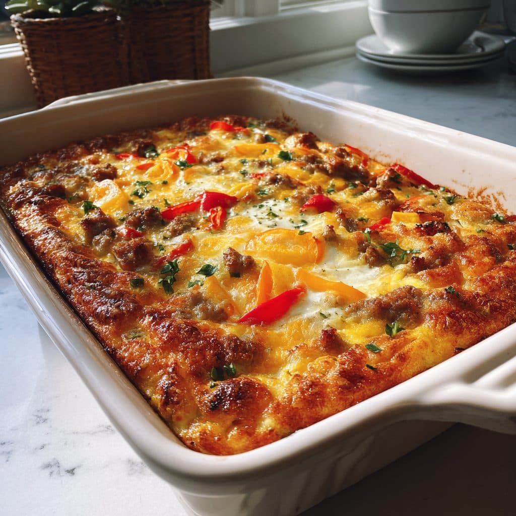 Hearty Breakfast Casserole with Chicken Sausage and Vegetables