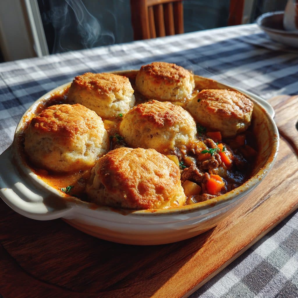 Hearty Lamb and Root Vegetable Pot Pie with Savory Biscuit Topping