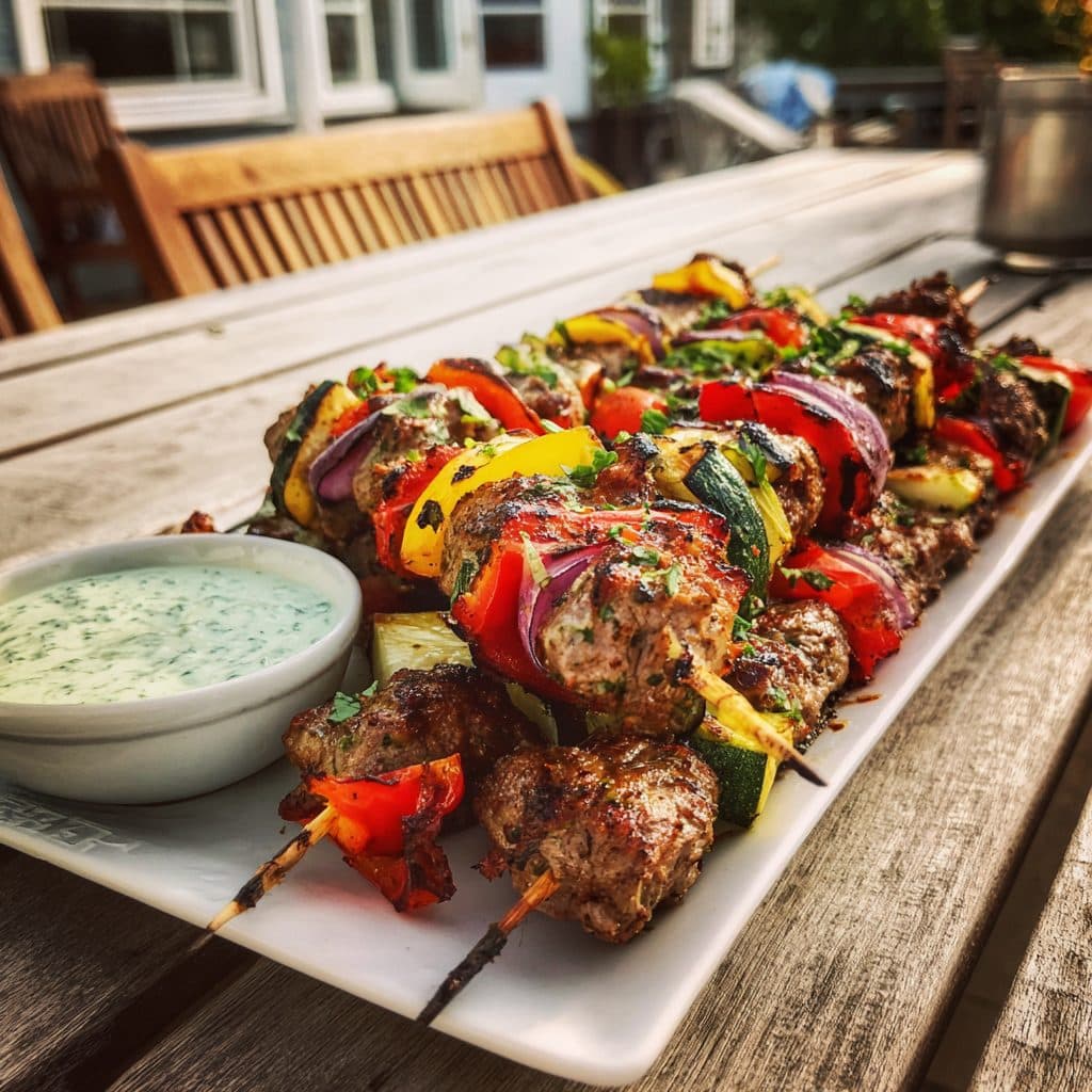 Hearty Lamb and Vegetable Skewers with Mint Yogurt Sauce