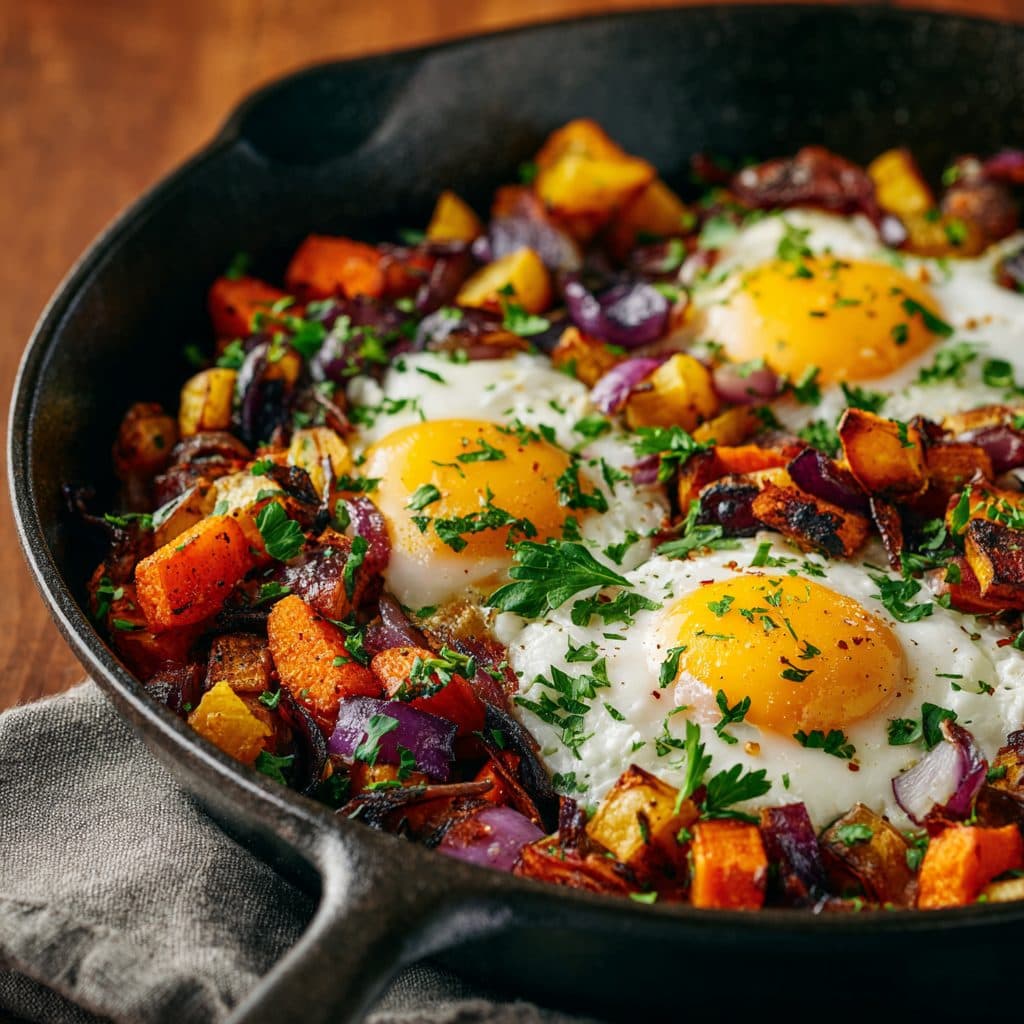 Hearty Roasted Root Vegetable Hash with Sunny-Side Up Eggs