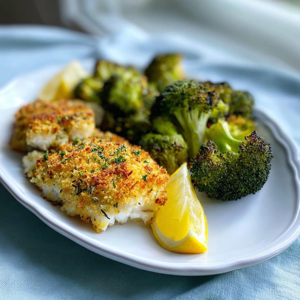 Herb-Crusted Baked Haddock with Roasted Lemon Broccoli
