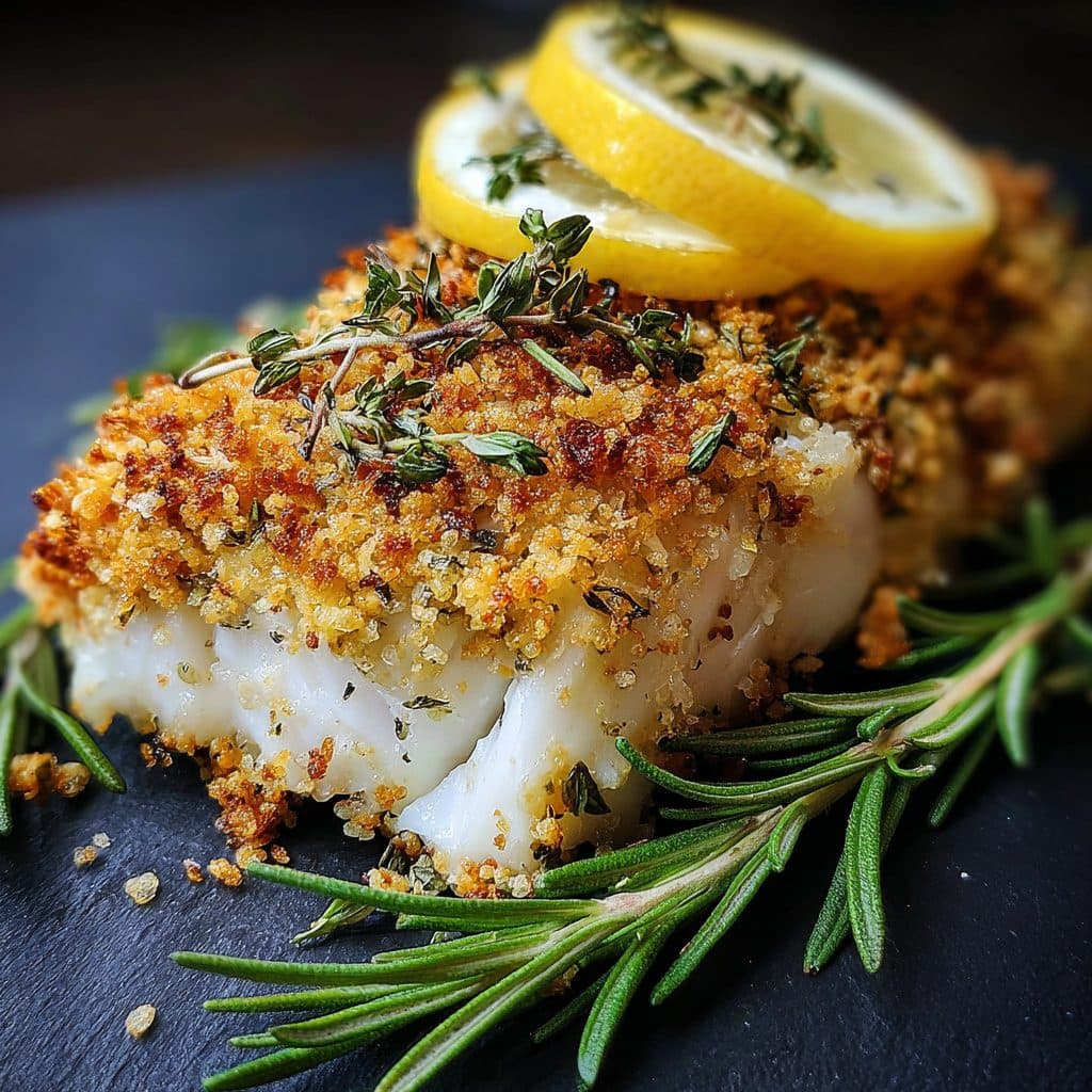 A piece of baked fish with a golden crust and green beans.