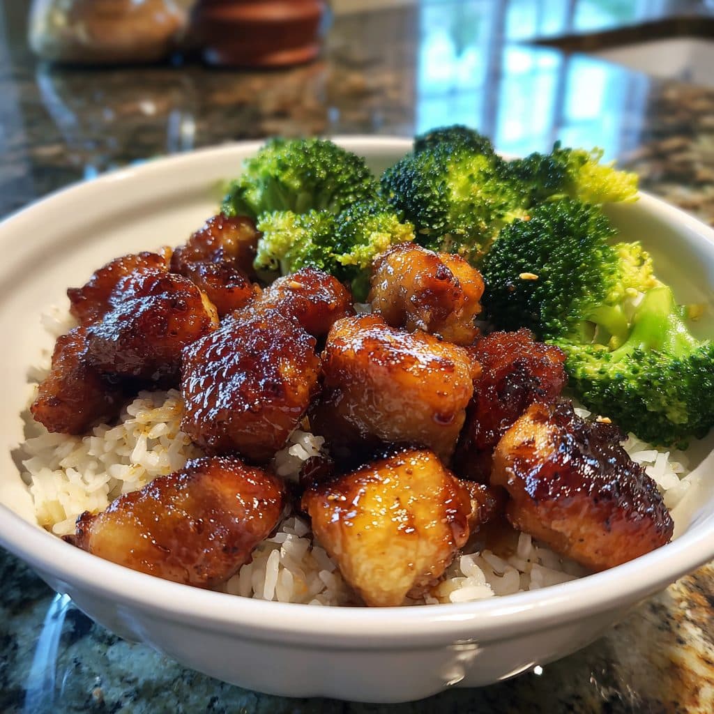 A bowl of honey garlic chicken with broccoli and rice, garnished with sesame seeds.