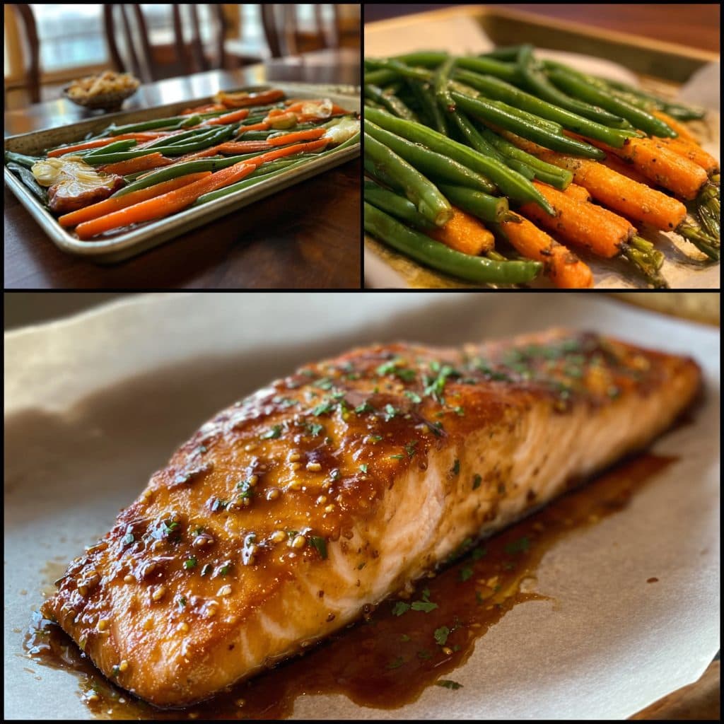 Honey Garlic Glazed Salmon with Roasted Green Beans and Carrots
