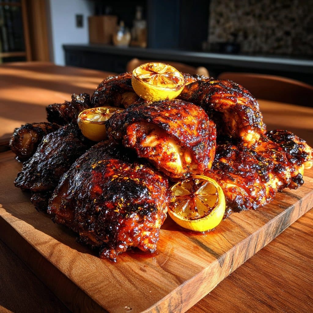 Grilled honey harissa chicken thighs on a platter with charred lemons