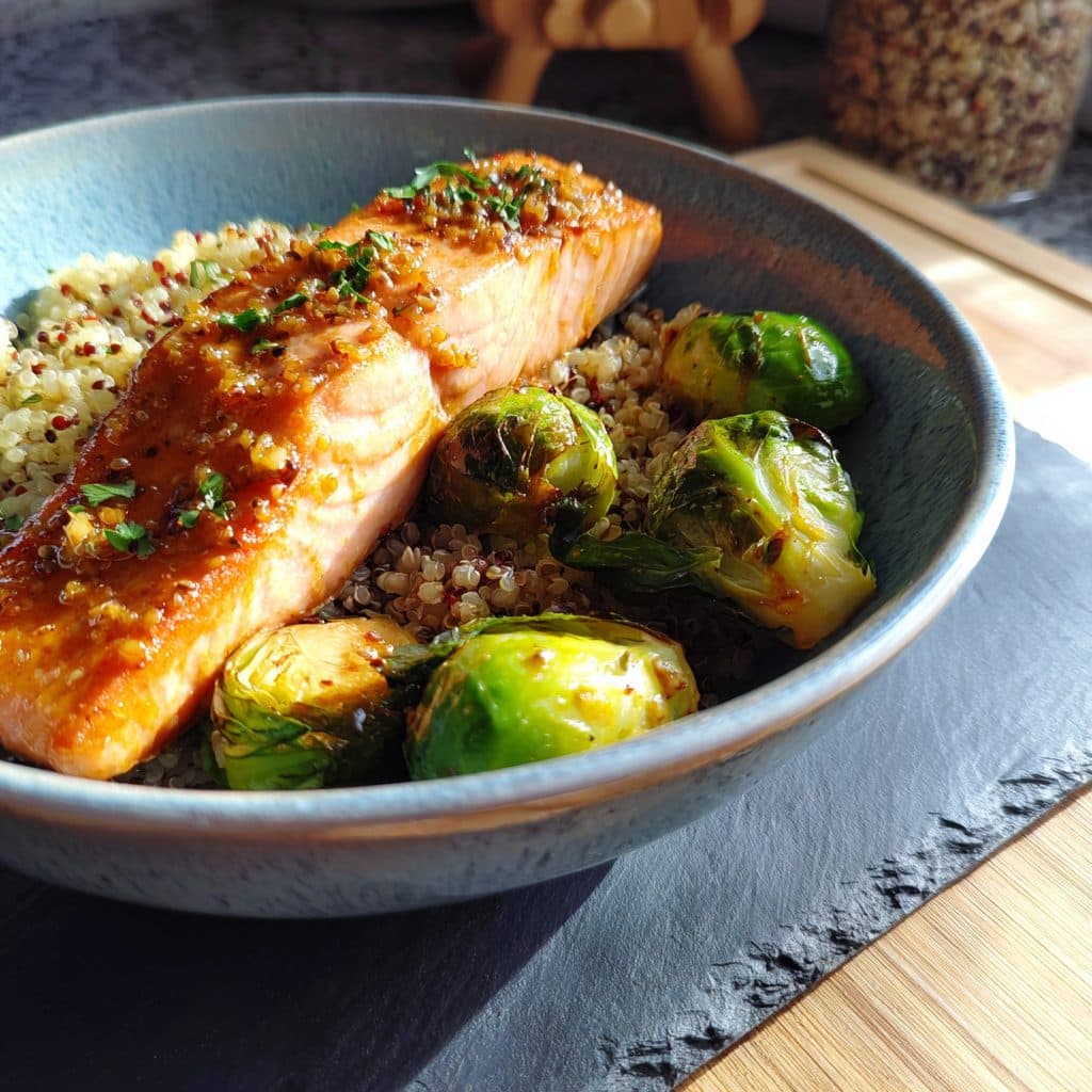 Honey Mustard Glazed Salmon with Roasted Brussels Sprouts and Quinoa