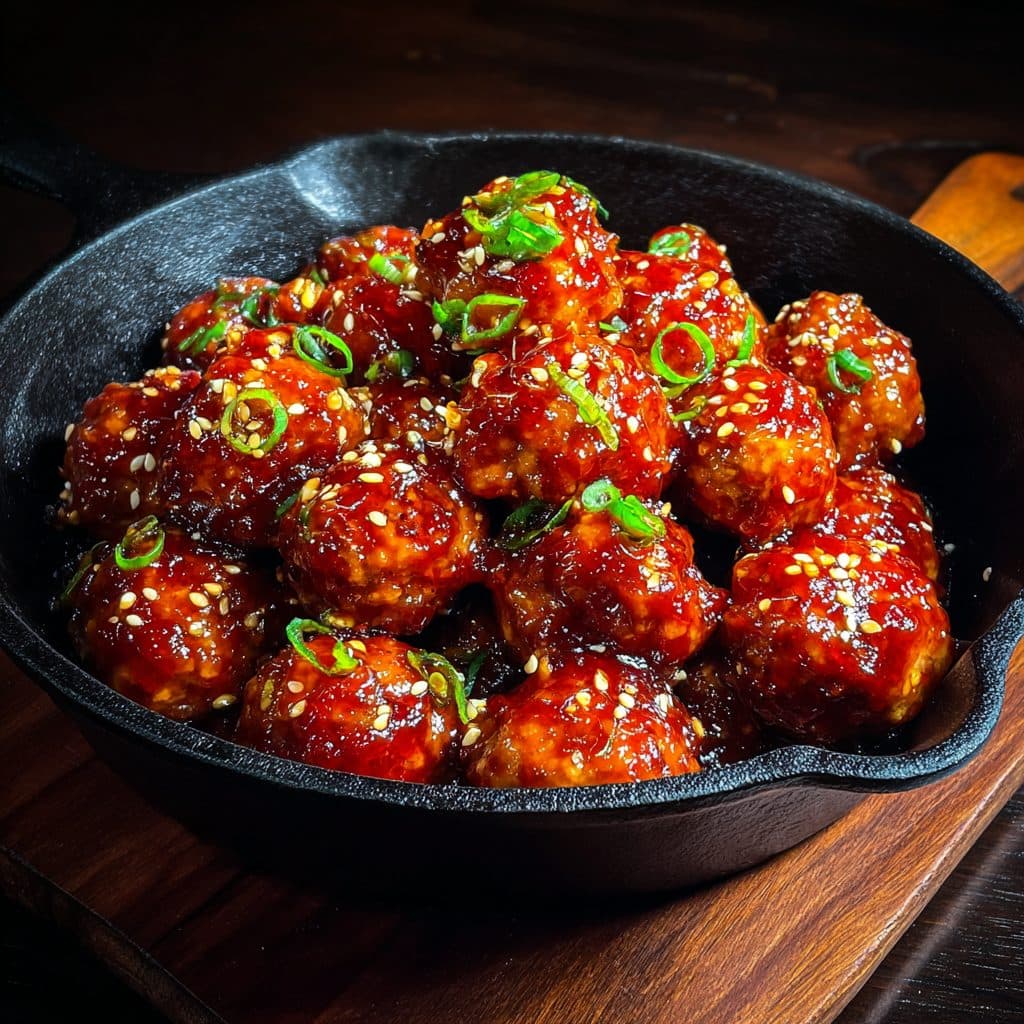 A plate of sticky, glazed meatballs with sesame seeds and green onion