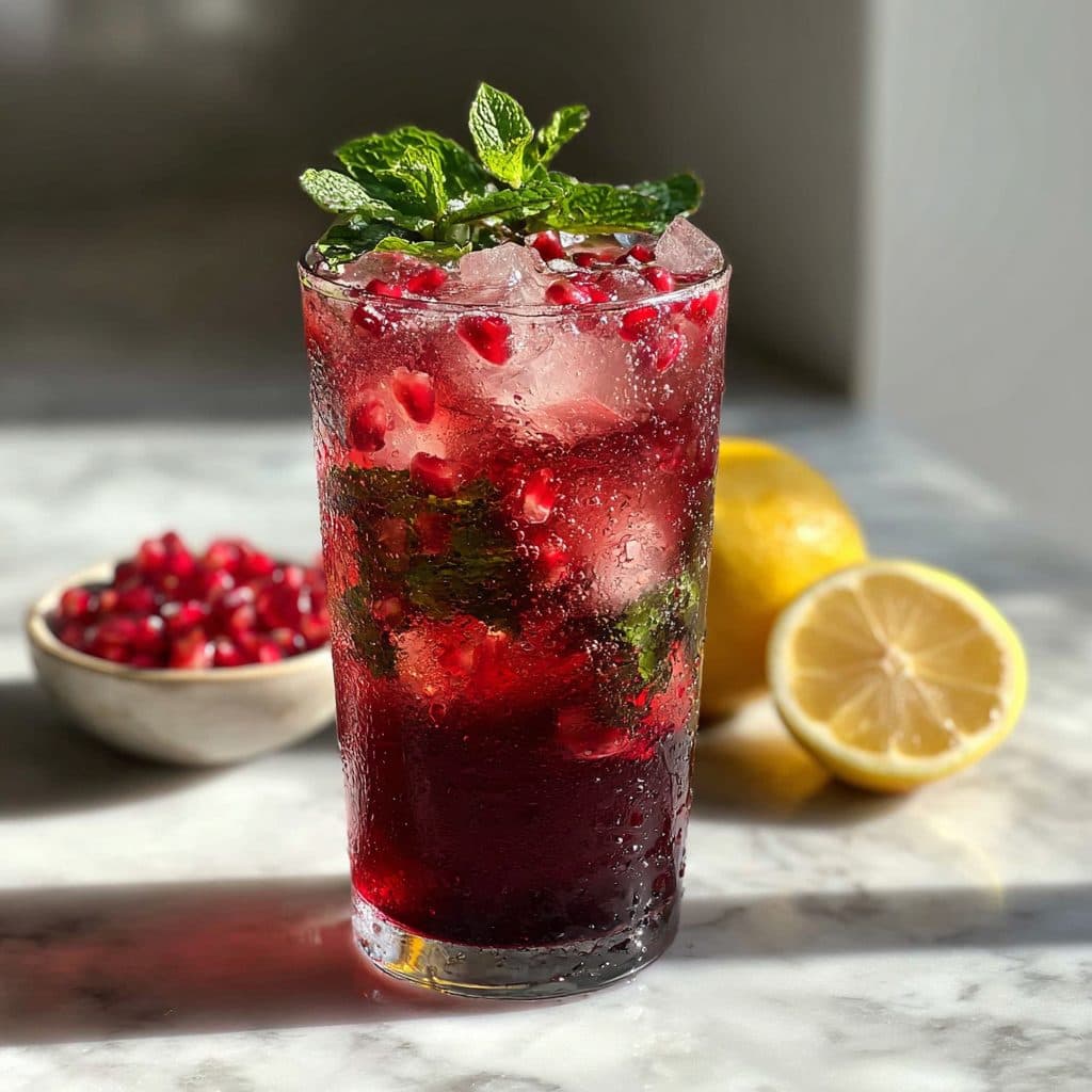 A tall glass of iced pomegranate mint lemonade with mint sprigs and ice on a kitchen counter