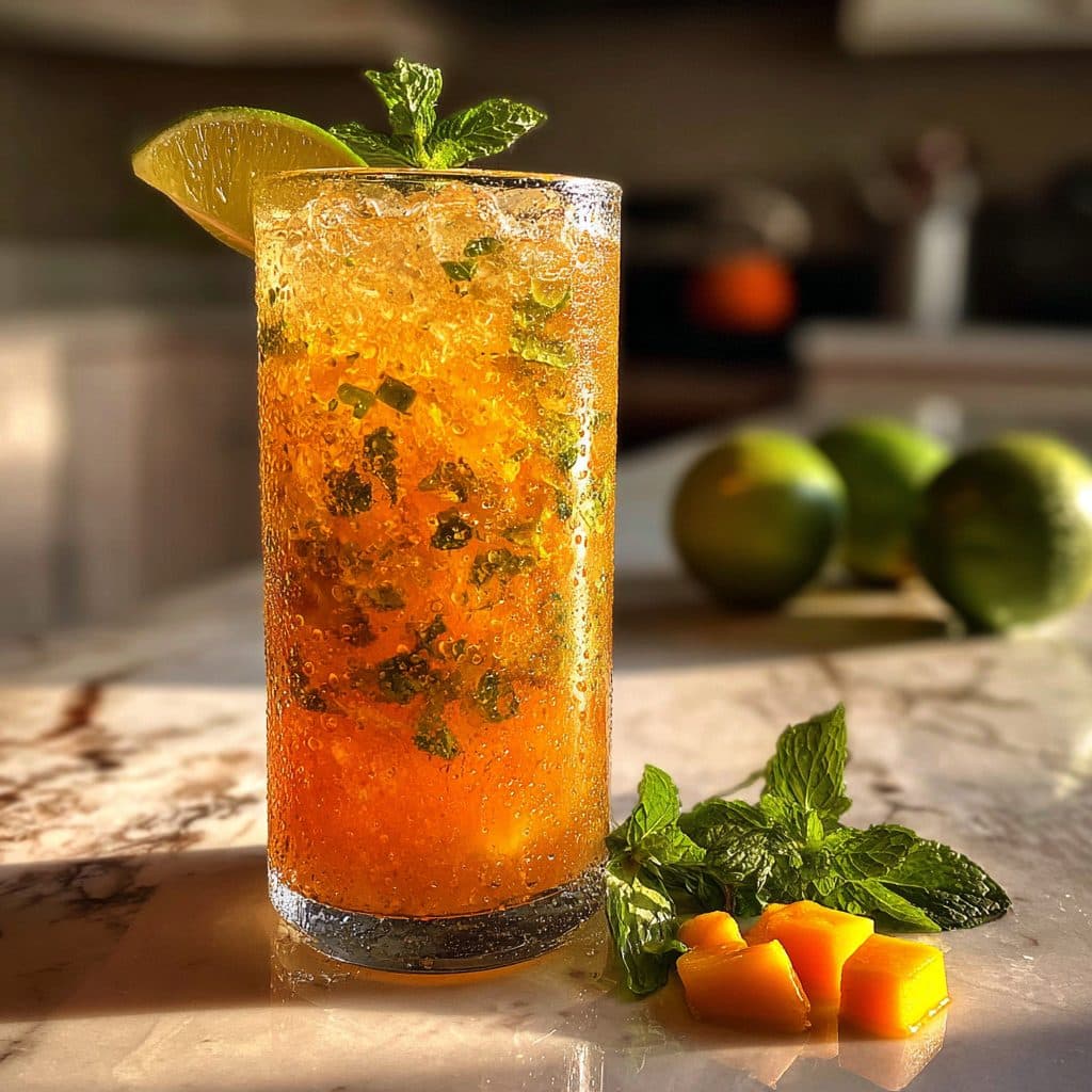 A tall glass of iced mango mojito with mint leaves and lime wedge