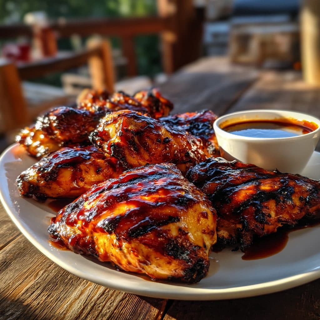 Grilled chicken pieces with a glossy, dark barbecue sauce glaze