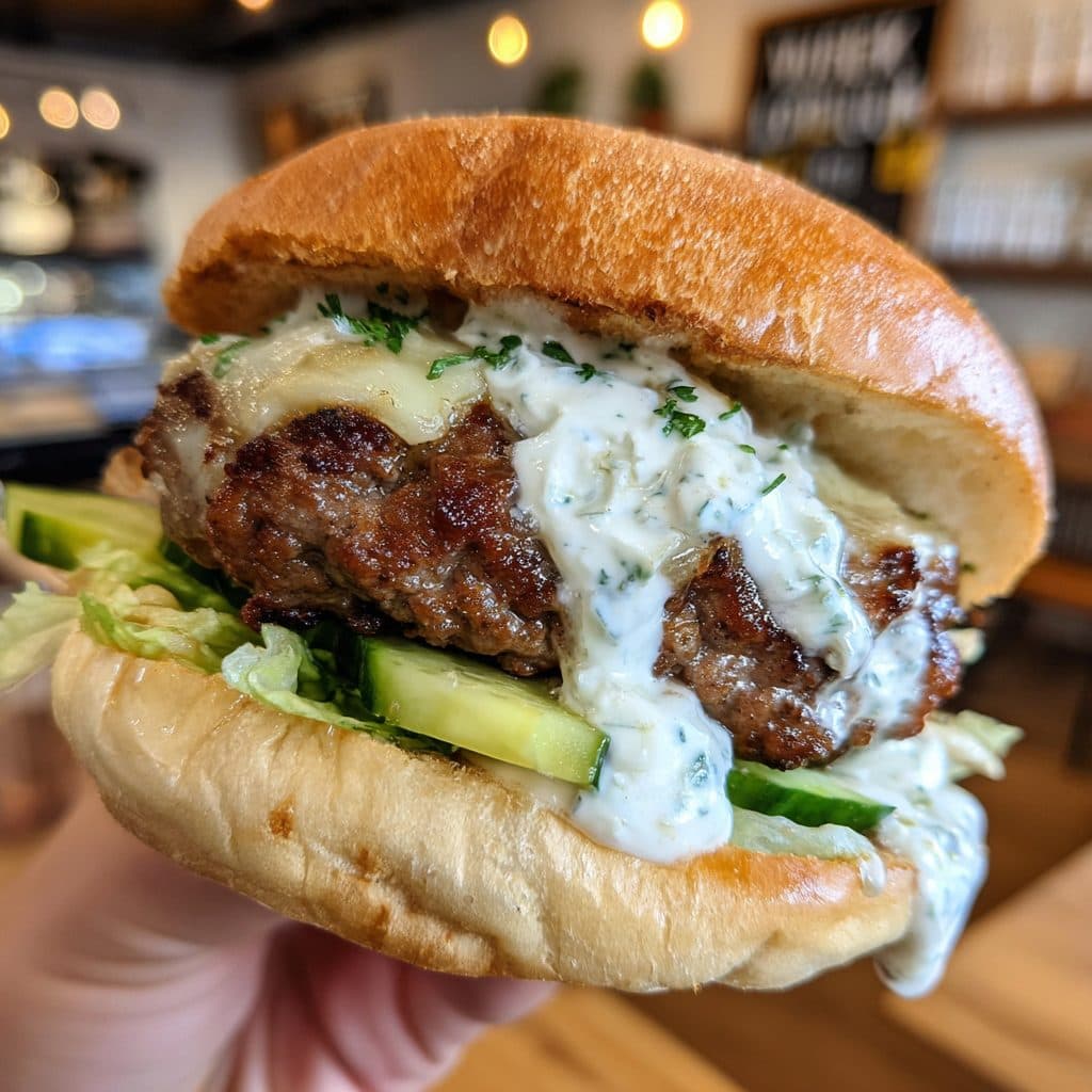 A thick lamb burger with white sauce and cucumber on a plate.