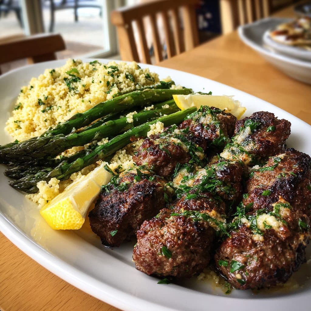 Lamb Kofta with Roasted Asparagus and Lemon-Herb Couscous