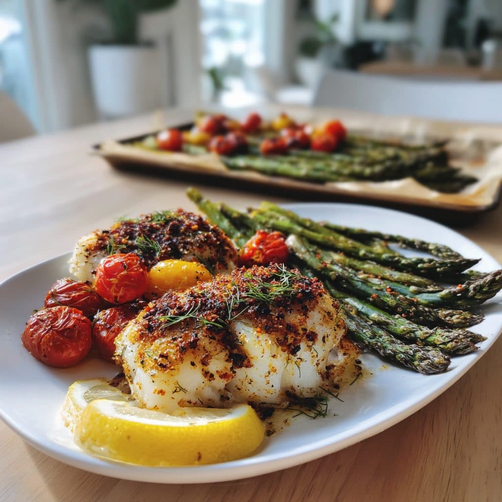 Lemon Dill Baked Cod with Roasted Asparagus and Cherry Tomatoes