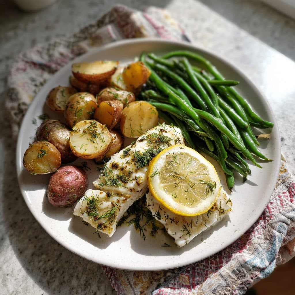 Lemon-Dill Baked Cod with Roasted Green Beans and New Potatoes