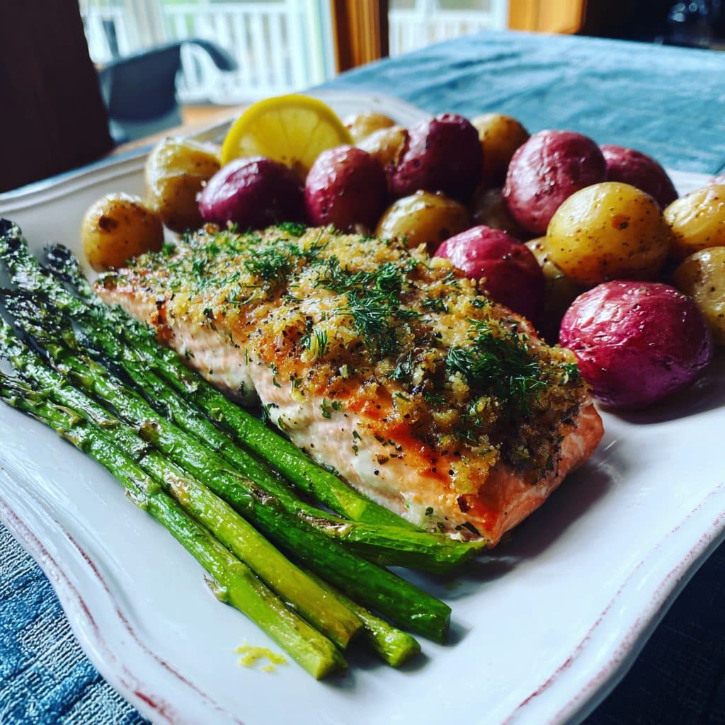 Lemon-Dill Crusted Salmon with Roasted Asparagus and Baby Red Potatoes
