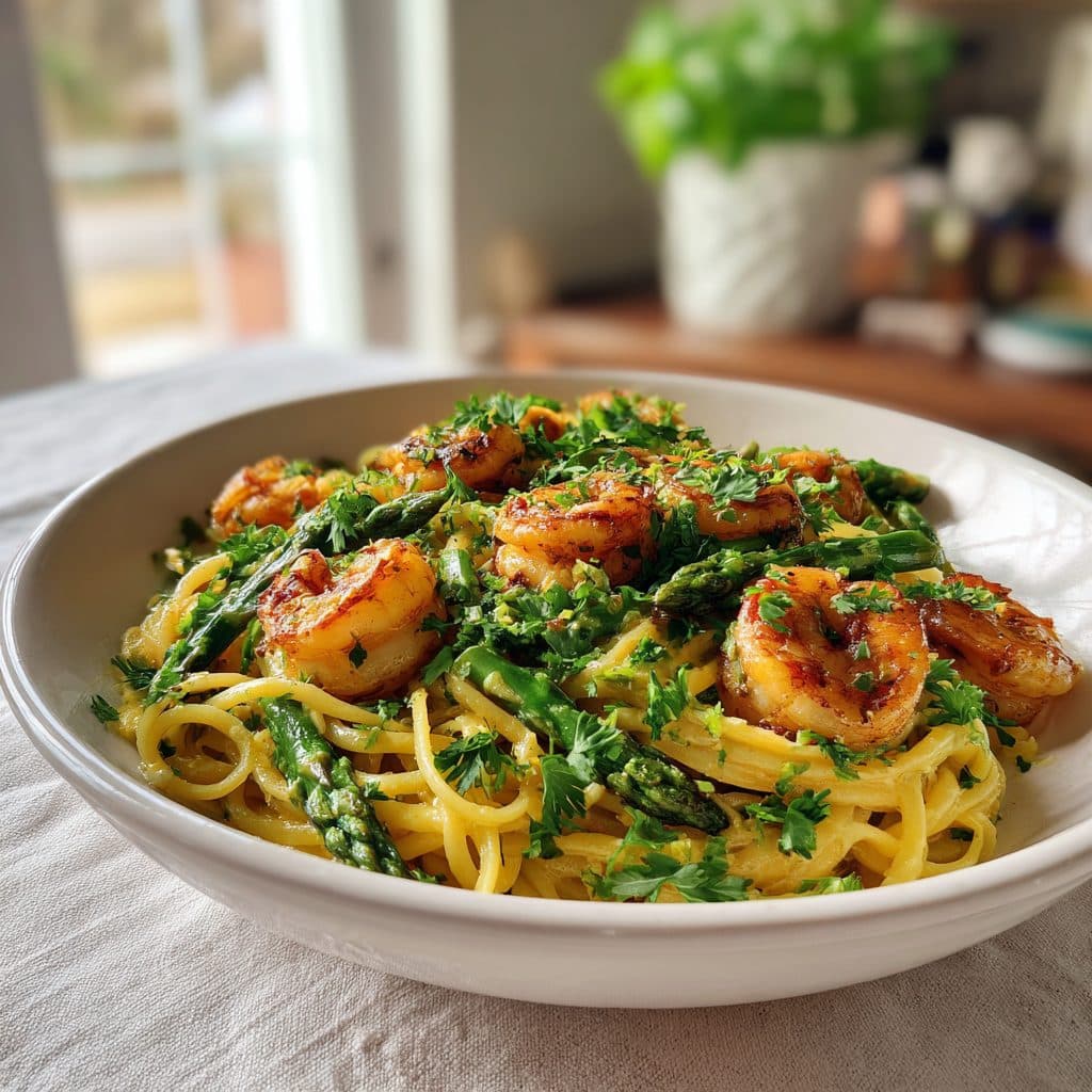 Lemon Garlic Shrimp Pasta with Asparagus