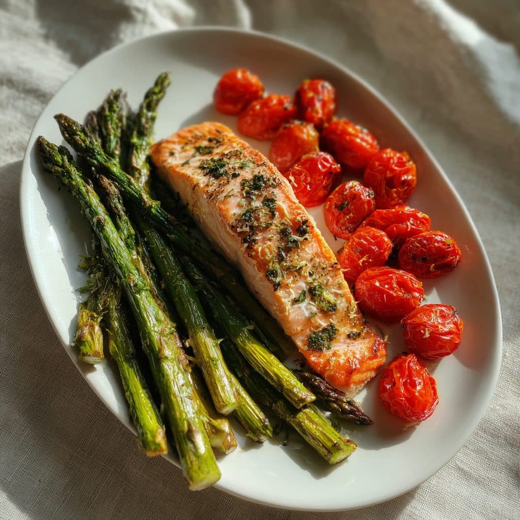 Lemon Herb Baked Salmon with Roasted Asparagus & Cherry Tomatoes